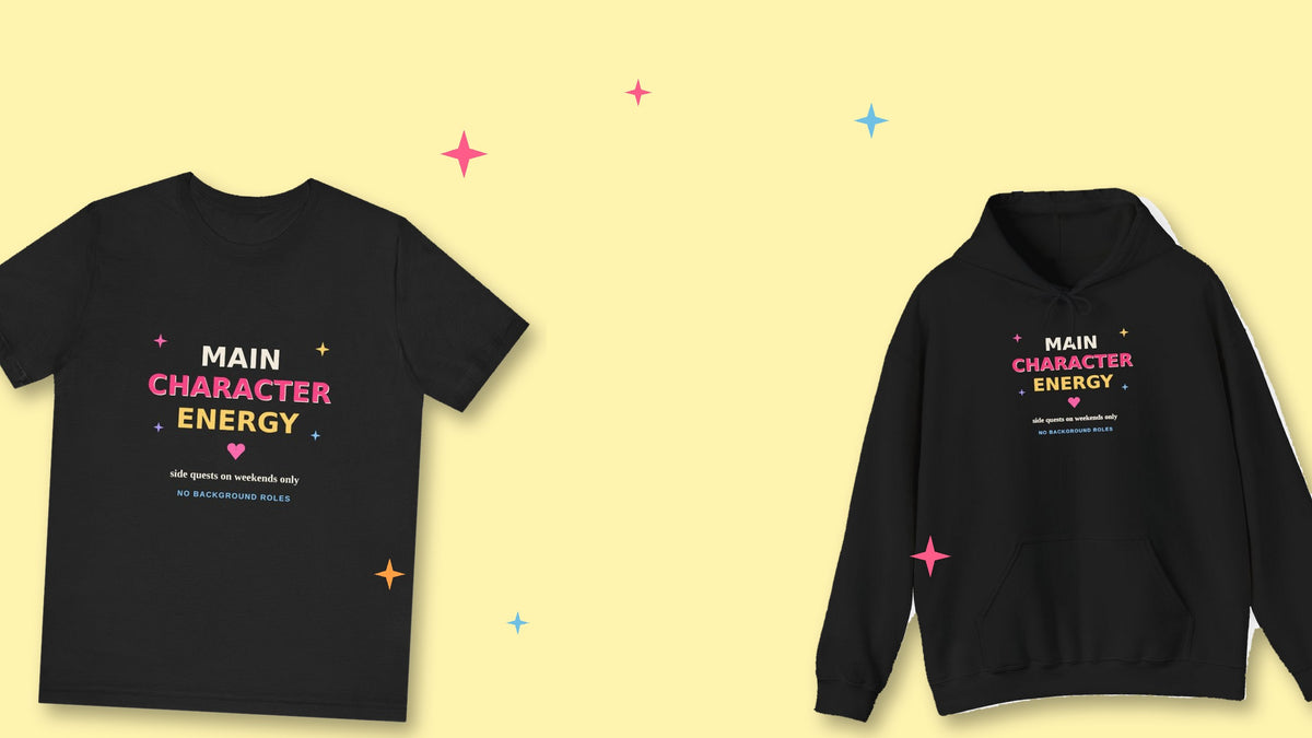 Awesome Vibe Check Tees hero banner - Main Character Energy tee and hoodie on butter yellow